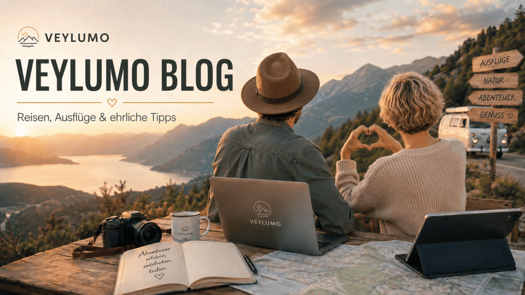 Man mit Hut und Frau mit Herz von hintenbeim Arbeiten am Veylumo Blog vor der Berg- und Seenlandschaft mit Laptop, Kamera und Reisekarte