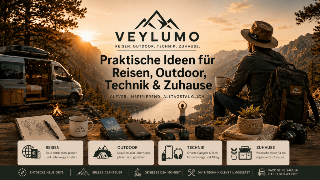 Veylumo Banner mit Reisen, Outdoor, Technik und Zuhause-Ideen vor Berglandschaft mit Campingbus, Ausrüstung und Veylumo-Logo.