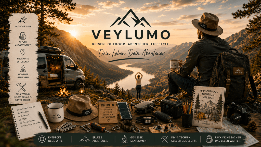 Veylumo Blog-Banner mit Reiseideen, Outdoor-Abenteuer, Camping, Technik-Gadgets, DIY-Tipps, Ratgebern und praktischen Empfehlungen vor Bergpanorama.