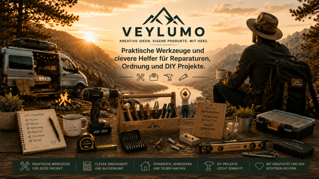Veylumo DIY-und-Tools-Banner mit praktischen Werkzeugen, Akkuschrauber, Werkzeugkiste, Ordnung, Reparatur-Helfern und cleveren Ideen für Heimwerken und DIY-Projekte.