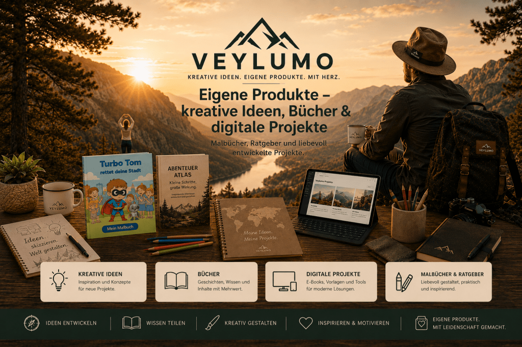 Banner von Veylumo für eigene Produkte mit kreativen Ideen, Büchern, Malbüchern, Ratgebern und digitalen Projekten vor einer warmen Outdoor-Bergkulisse.