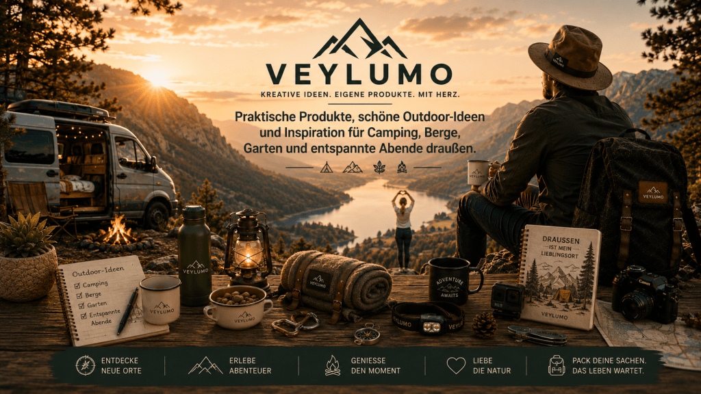 Veylumo Banner für Outdoor, Lagerfeuer, praktischer Outdoor Ausrüstung, Rucksack und Bergpanorama bei Sonnenuntegang.