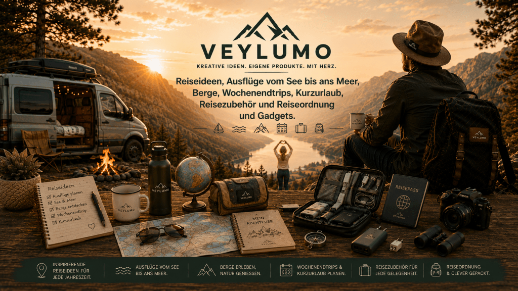 Veylumo Reisen-und-Ausflüge-Banner mit Reiseideen, Ausflügen, Wochenendtrips, Kurzurlaub, Reisezubehör, Reiseorganisation und praktischen Gadgets für unterwegs.

