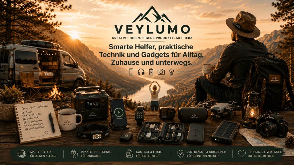 Veylumo Technik-und-Gadgets-Banner mit Powerbank, Kamera, Kopfhörern, Ladezubehör und smarten Outdoor-Helfern vor Berglandschaft bei Sonnenuntergang.